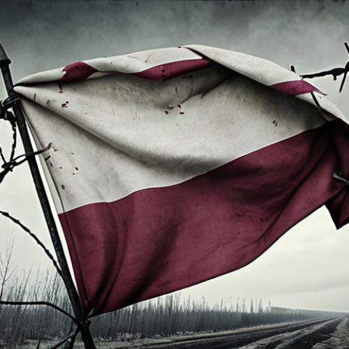 **

Prompt: "Latvian flag intertwined with barbed wire, symbolizing the historical oppression during the Soviet era. A faded photograph in the background shows forced deportations to Siberia. Cold, desaturated colors. Gritty texture."

**