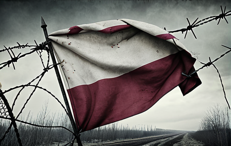 **

Prompt: "Latvian flag intertwined with barbed wire, symbolizing the historical oppression during the Soviet era. A faded photograph in the background shows forced deportations to Siberia. Cold, desaturated colors. Gritty texture."

**