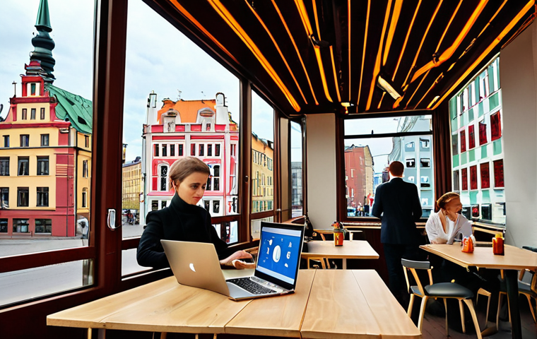 **Prompt 1:** A vibrant and dynamic cityscape of Riga, Latvia, showcasing a striking contrast between ornate Art Nouveau historic buildings and sleek, modern glass skyscrapers. In the foreground, digital nomads are working on laptops in a stylish cafe, while well-dressed corporate professionals walk briskly near newly developed business districts. A subtle hint of the European Union flag or euro currency symbol is visible, emphasizing stability and growth. The scene is bathed in bright daylight, conveying an atmosphere of prosperity and forward momentum, with a mix of historical charm and contemporary progress.
