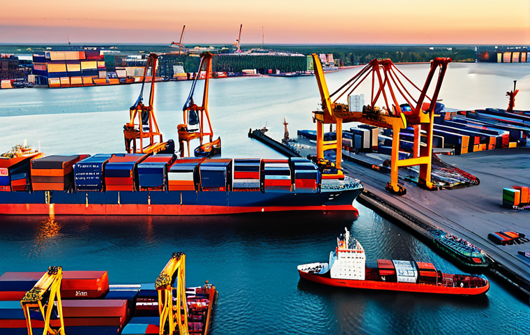 라트비아 해양 산업 - **Prompt:** "Riga port at sunset, fully clothed dockworkers loading cargo onto a modern container sh...