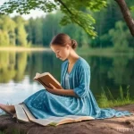 라트비아 전원주택 구매 - **A Serene Latvian Lakeside Retreat:** A tranquil scene featuring a young woman (wearing a comfortab...
