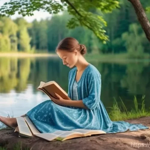 라트비아 전원주택 구매 - **A Serene Latvian Lakeside Retreat:** A tranquil scene featuring a young woman (wearing a comfortab...