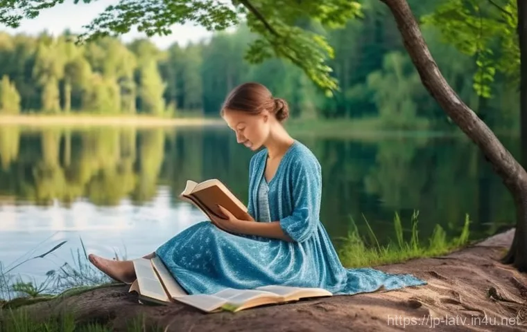 라트비아 전원주택 구매 - **A Serene Latvian Lakeside Retreat:** A tranquil scene featuring a young woman (wearing a comfortab...