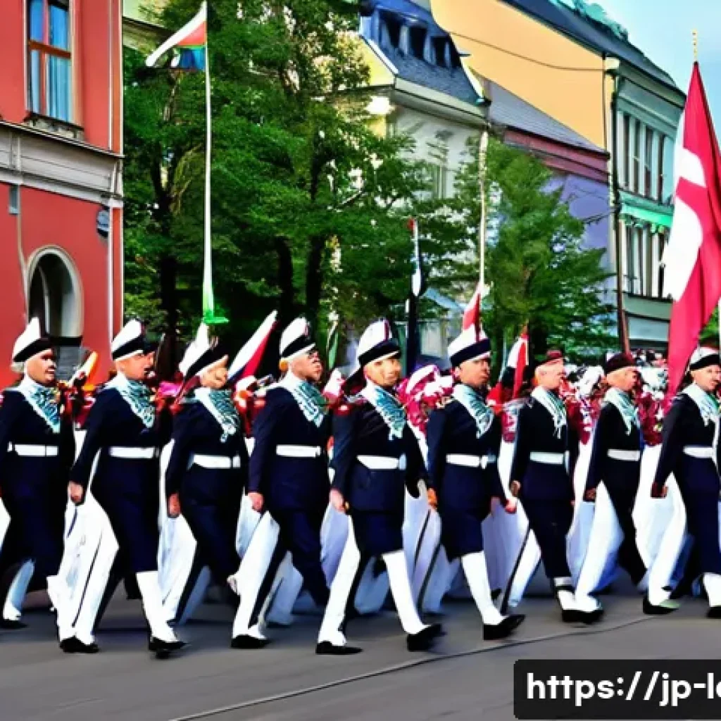 라트비아 독립 선언일 - A vibrant and lively parade scene on Riga’s main avenue celebrating Latvia’s Independence Day, featu...
