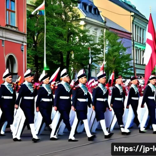 라트비아 독립 선언일 - A vibrant and lively parade scene on Riga&rsquo;s main avenue celebrating Latvia&rsquo;s Independence Day, featu...