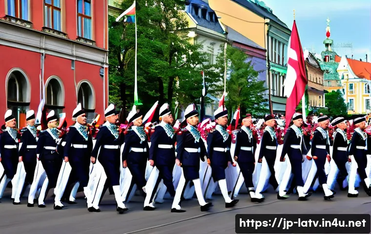 라트비아 독립 선언일 - A vibrant and lively parade scene on Riga&rsquo;s main avenue celebrating Latvia&rsquo;s Independence Day, featu...