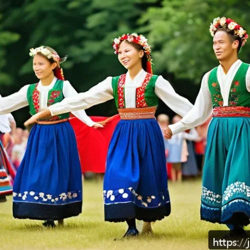 라트비아 전통 춤 - A vibrant scene of Latvian traditional dancers performing at a midsummer festival, wearing colorful ...