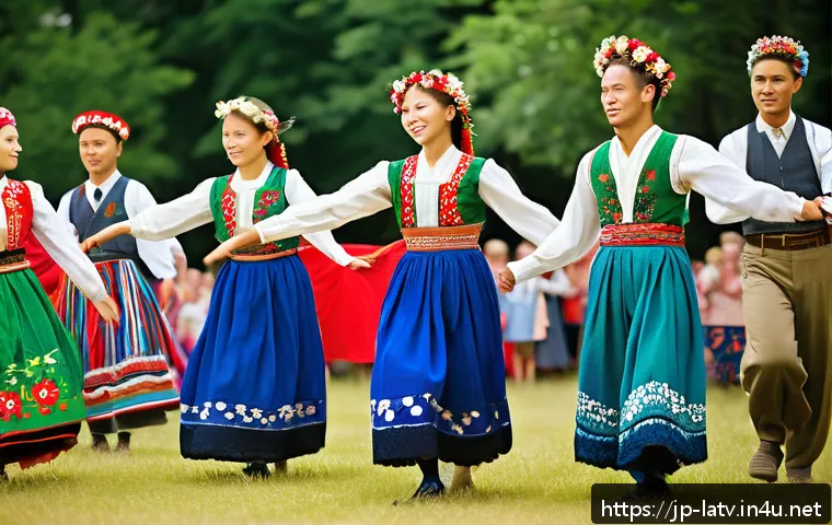 라트비아 전통 춤 - A vibrant scene of Latvian traditional dancers performing at a midsummer festival, wearing colorful ...