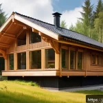 라트비아 목조 건축 - A traditional Latvian wooden house nestled in a lush forest setting, showcasing natural wood texture...