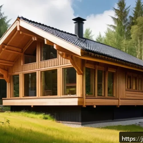 라트비아 목조 건축 - A traditional Latvian wooden house nestled in a lush forest setting, showcasing natural wood texture...