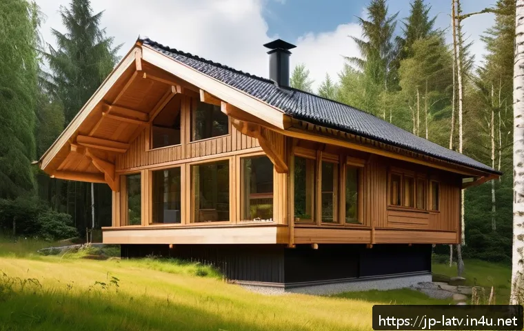 라트비아 목조 건축 - A traditional Latvian wooden house nestled in a lush forest setting, showcasing natural wood texture...