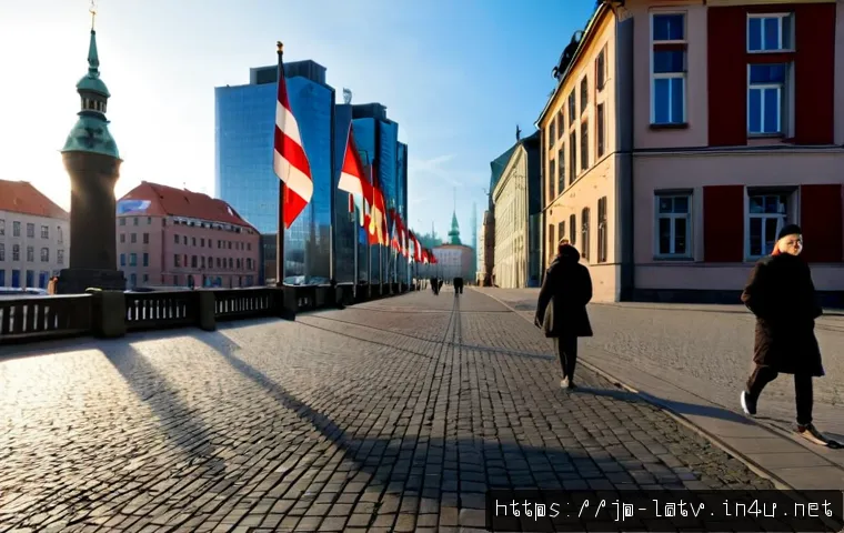 라트비아 최근 뉴스 - Photorealistic editorial scene in Riga, Latvia, showing the historic Old Town skyline and riverfront...