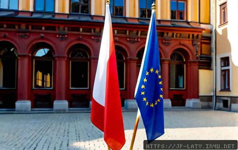 라트비아와 유럽연합 EU  관계 - Photorealistic diplomatic scene in Riga, Latvia, two elegant flags standing side by side on polished...