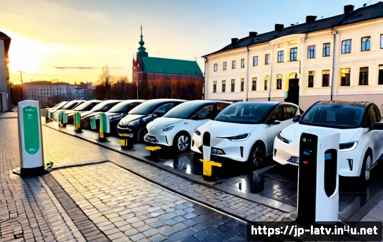 라트비아 전기차 충전 인프라 - Photorealistic wide-angle view of a modern electric vehicle charging hub in Riga, Latvia, several cl...